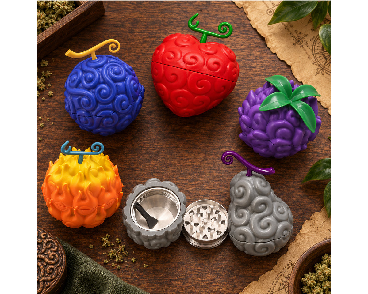 Blue, purple, orange, red and grey Devil Fruit herb grinders, with the grey grinder opened to reveal its grinding teeth, chamber and scraper