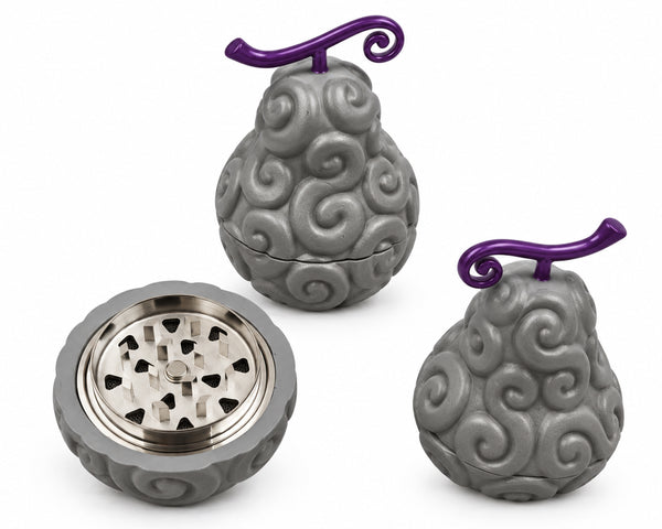 Grey Devil Fruit Herb & Spice Grinder herb grinder shown assembled and open. Different views of one grinder, sold separately.
