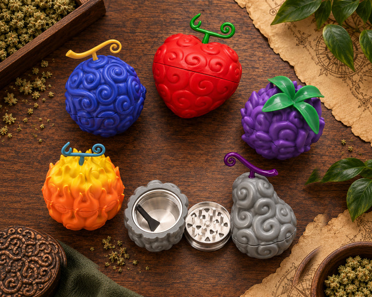 Blue, purple, orange, red and grey Devil Fruit herb grinders, with the grey grinder opened to reveal its grinding teeth, chamber and scraper