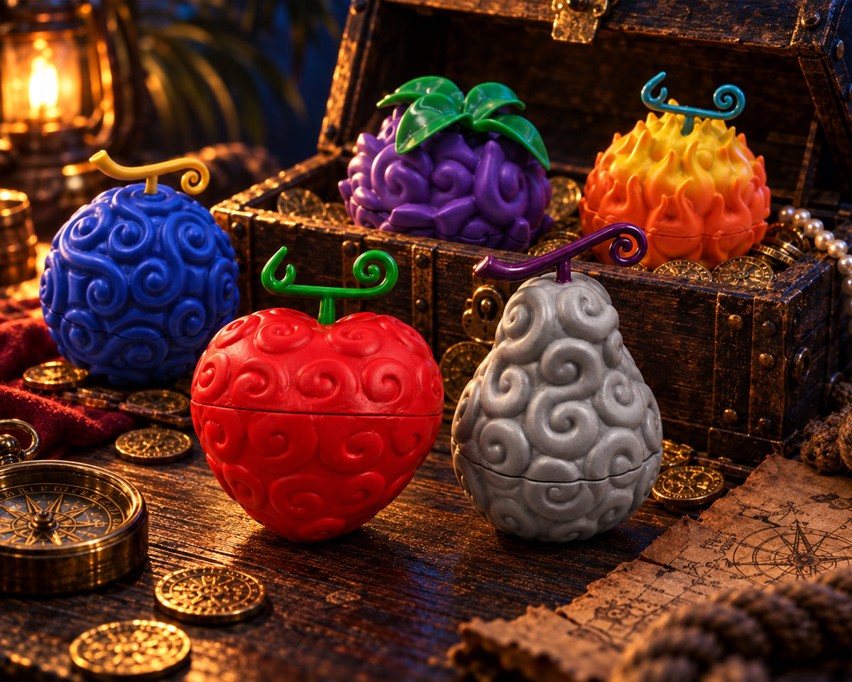 Five Devil Fruit grinders around a treasure chest, with the red heart-shaped and grey pear-shaped designs in front