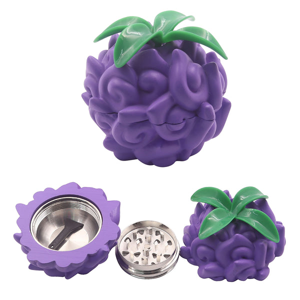 Purple Devil Fruit herb grinder shown assembled and open. Different views of one grinder, sold separately.