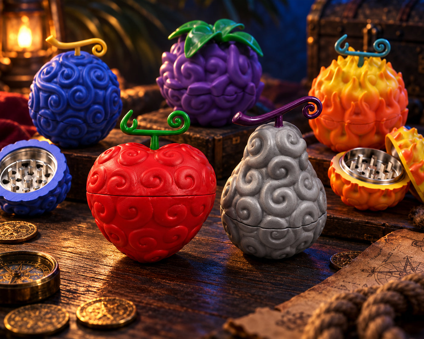 Colorful fruit-shaped herb grinders on a lantern-lit pirate table, with blue and orange grinders shown open