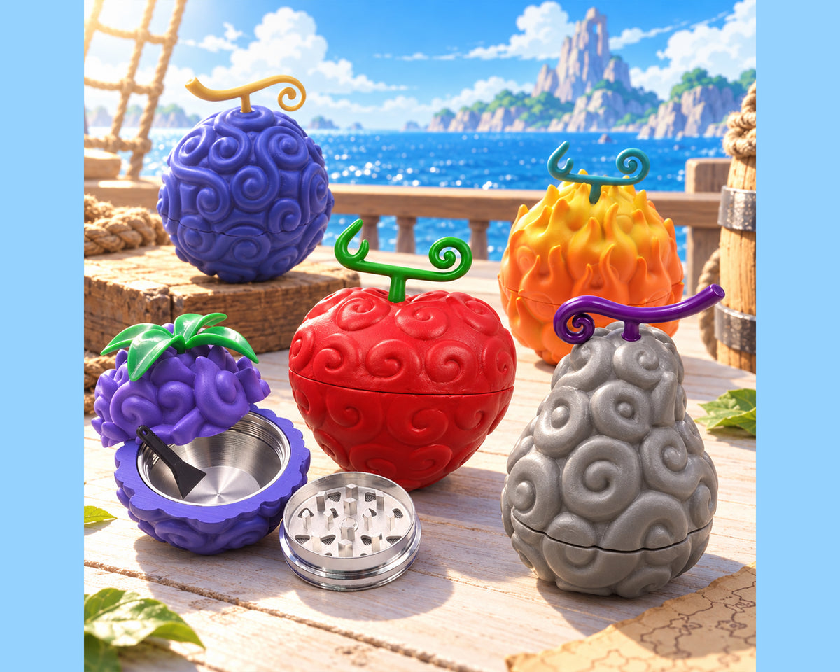 Five colorful anime-inspired herb grinders displayed on a pirate ship deck