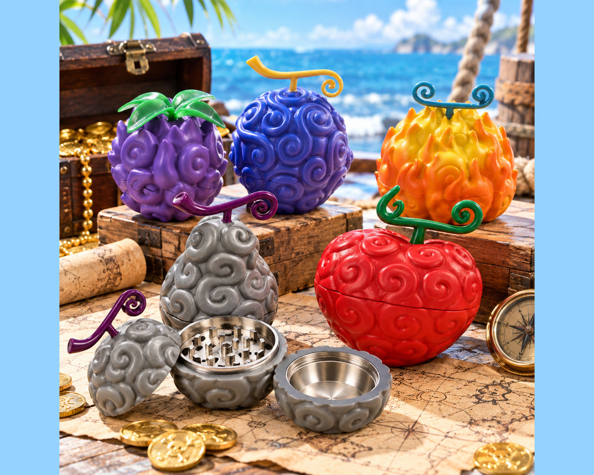 Anime-inspired fruit grinders arranged on a treasure map beside a pirate chest and compass