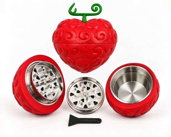 Red Devil Fruit herb grinder shown assembled and open. Different views of one grinder, sold separately.